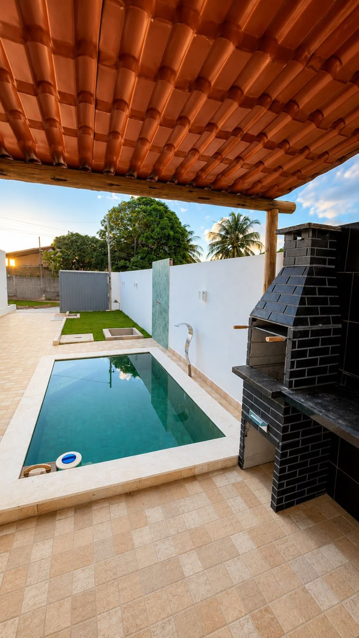 Piscina e churrasqueira da casa pronta em Jacumã