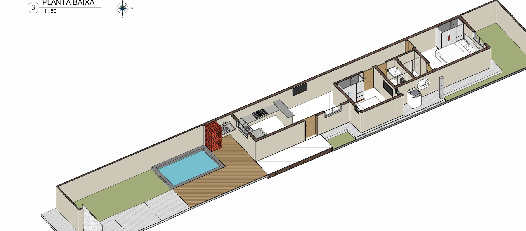 Planta tridimensional do projeto de 72 m²