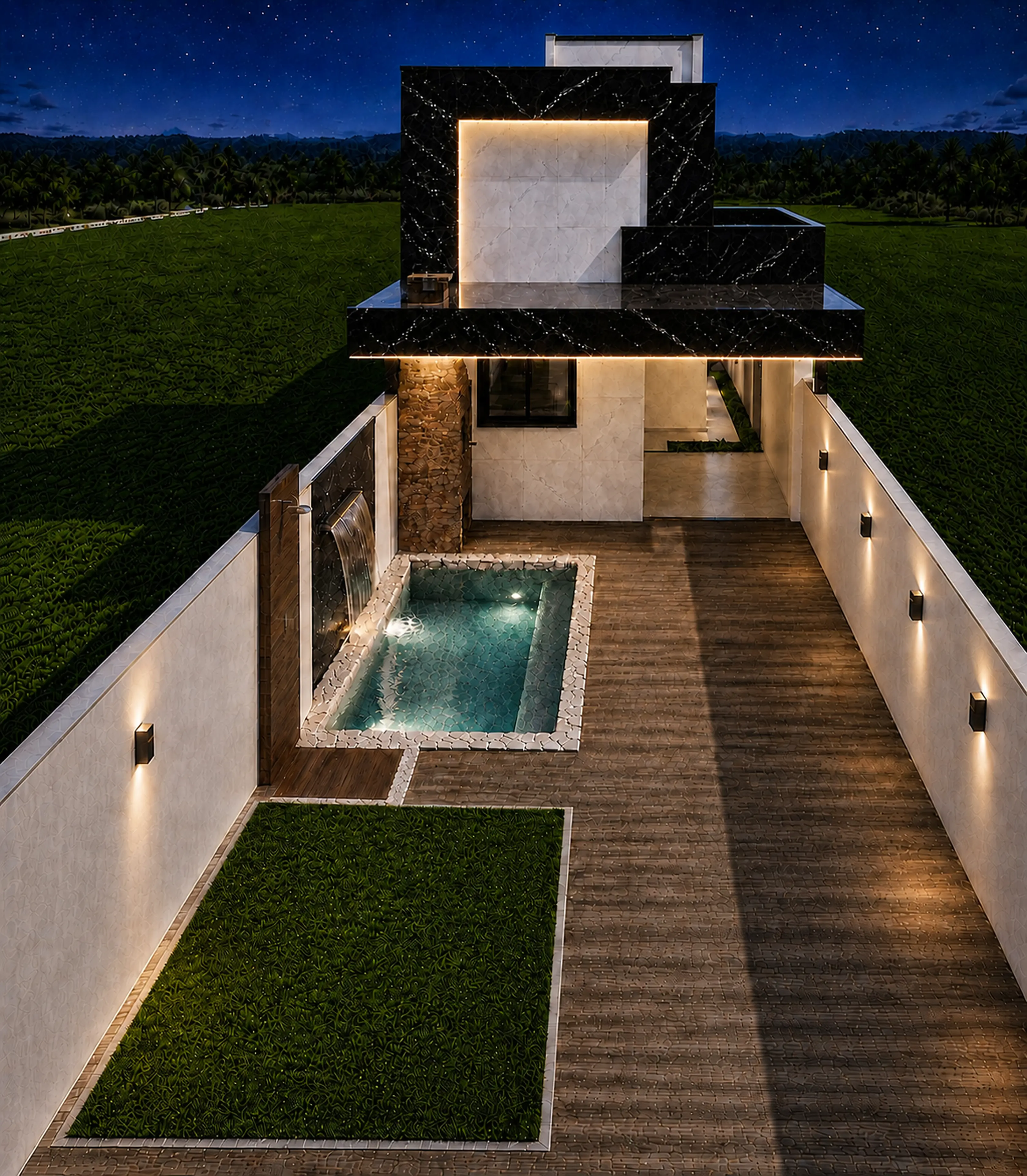 Perspectiva artística noturna da casa de 72 m²