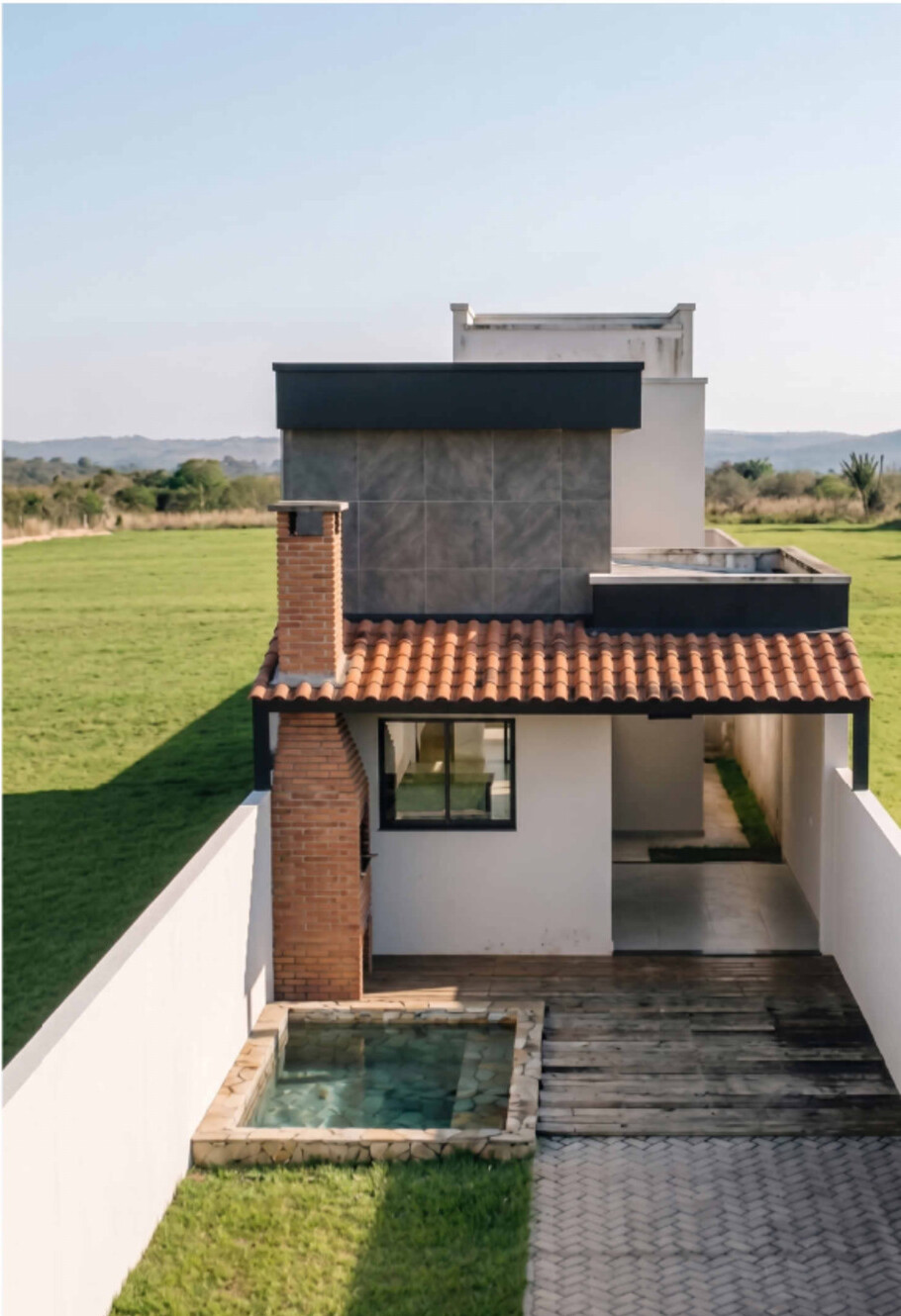 Perspectiva artística da fachada diurna da casa de 72 m²